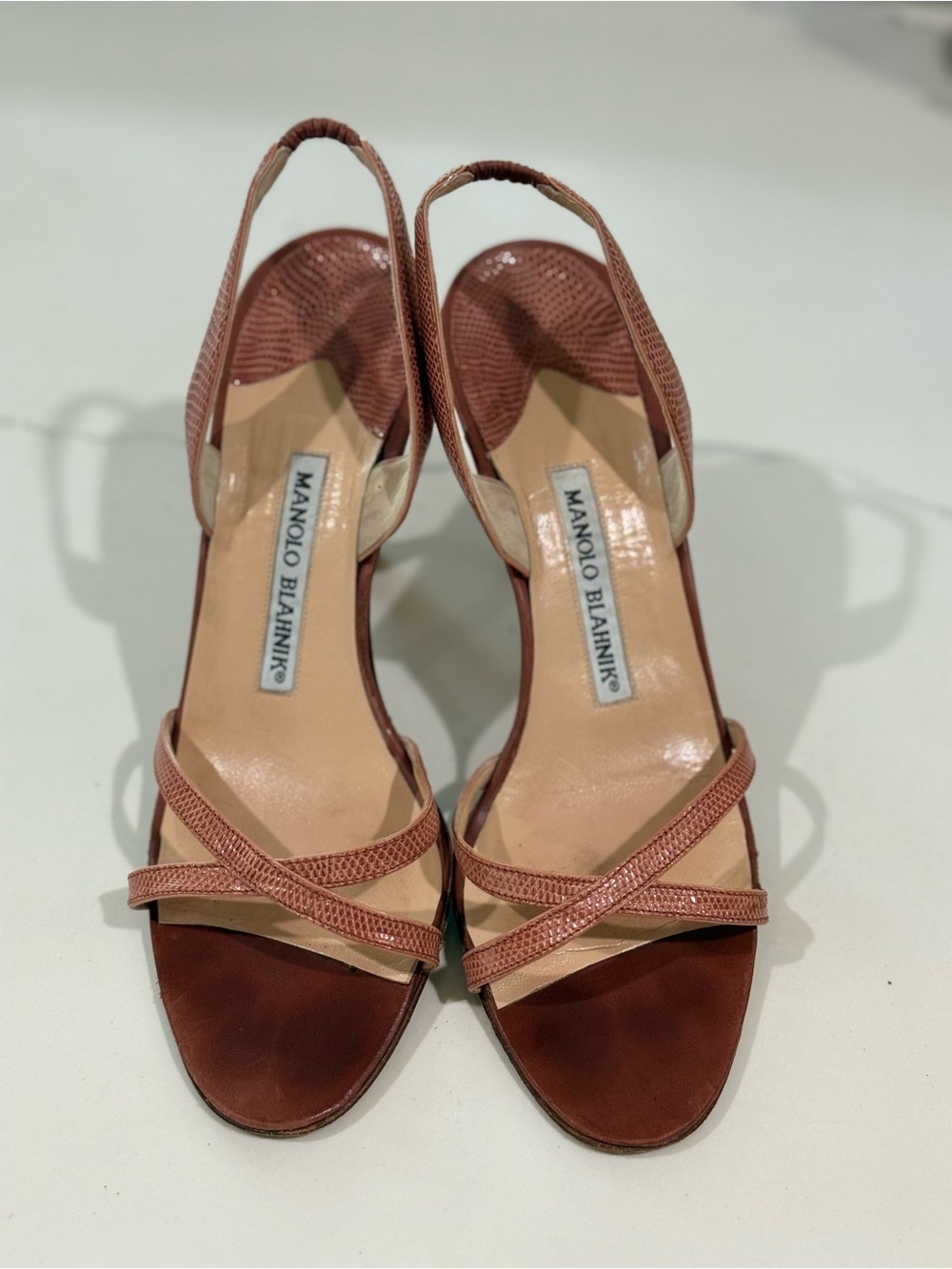 Manolo Blahnik Rose-Tan Cross Strap Slingback Heels